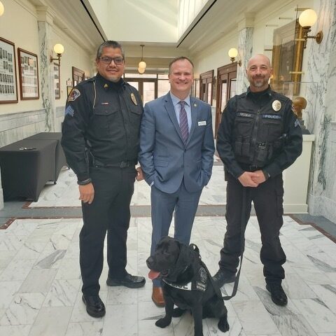 Left to right: Travis Freeman, K9 Handler, Senator Anthon, & Det. Sgt. Samual Kuoha of Rupert City Police Dept. & Newton